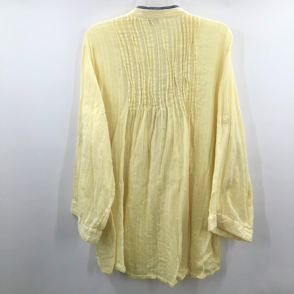 Gauzy Lemon Yellow Boho Top 32W Cotton Jacquard Embroidered Roll Tab Semi-Sheer - Picture 8 of 15